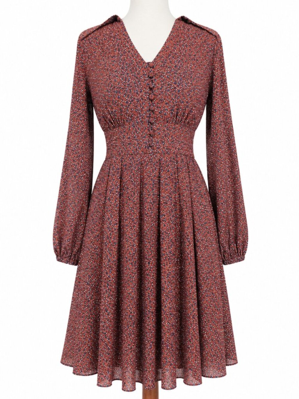 Michael Kors Burgundy Micro Print V-Neck Fit Flare Dress Long Sleeve Small